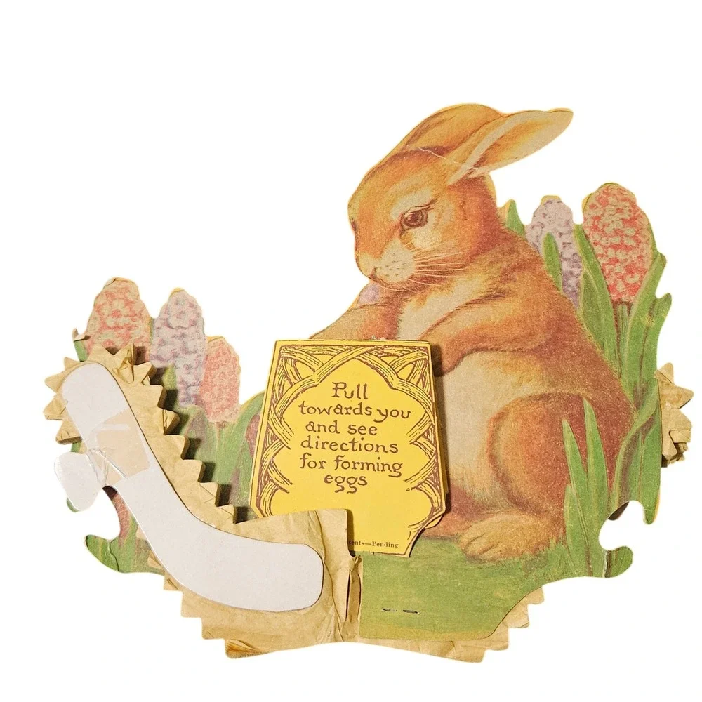Antique Victorian Mechanical Easter Card Brown‎ Rabbit Hyacinth Die Cut Pull Tab